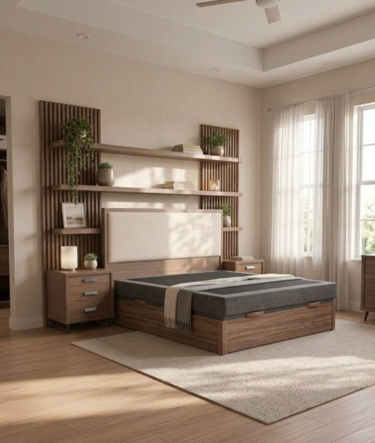 Conjunto de Dormitorio Nórdico en Madera: Canapé Abatible, Cabecero y 2 Mesitas
